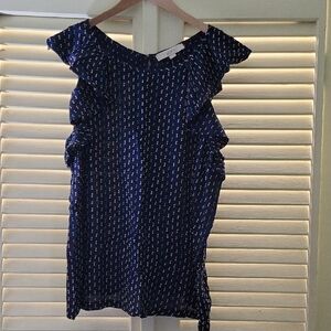 LOFT Dark Blue Patterned Ruffle Blouse